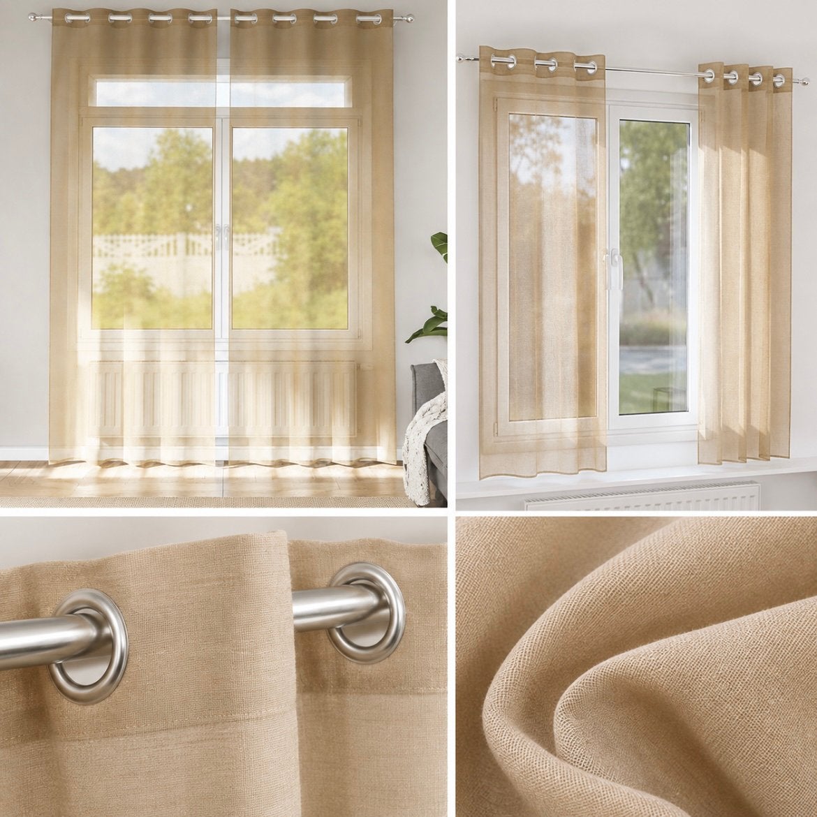 LOT NEUF de 4 rideaux (2x2 voiles) couleur sable, Neuf, Enlèvement, Coton, Voilage semi-transparent