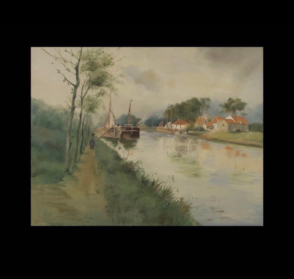 Tableau paysage Canal, bateaux et village - Huile sur toile, Antiquités & Art, Enlèvement, Impressionniste, Paysage, Toile
