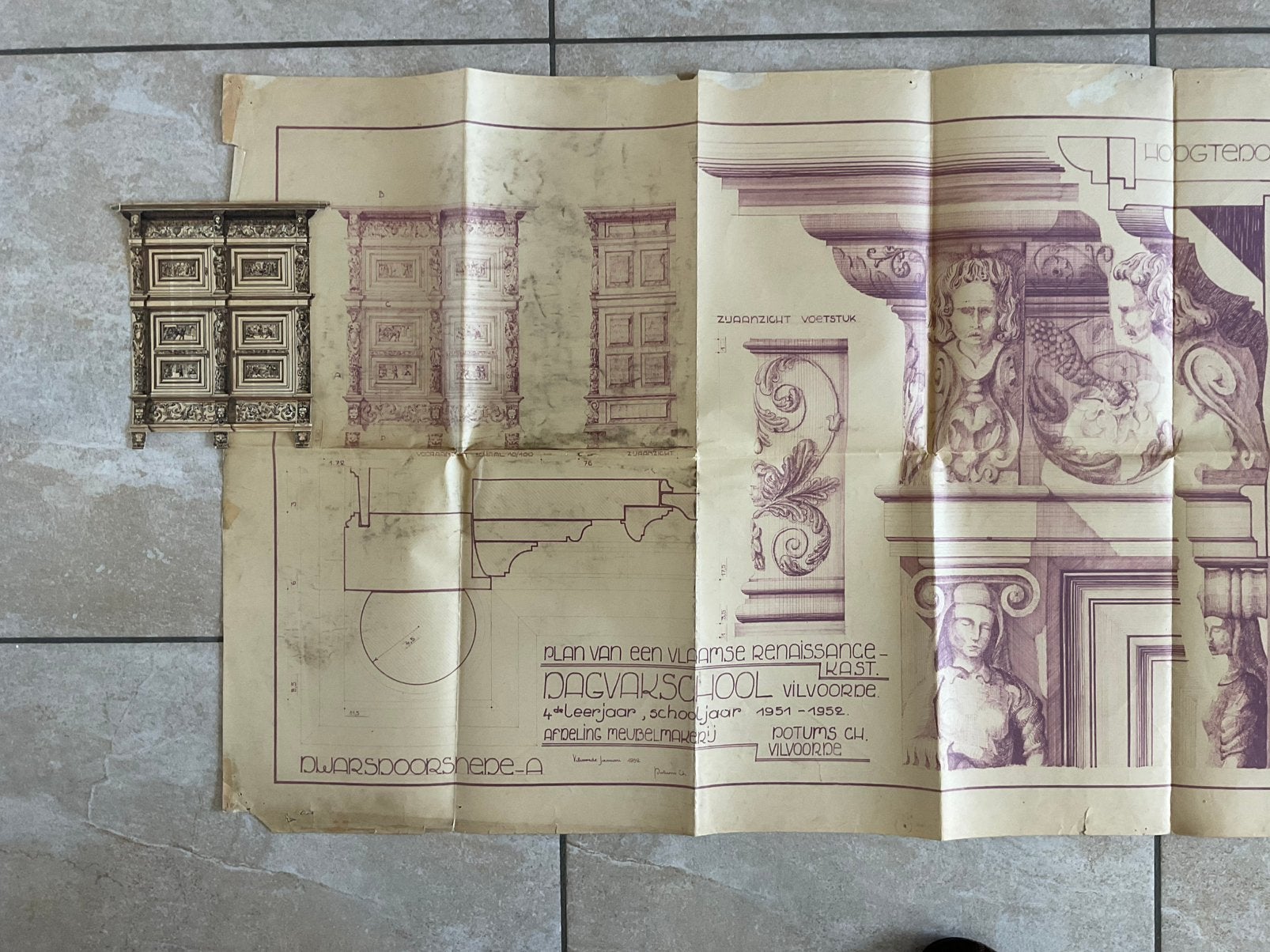 Blauwdruk Vlaamse Renaissance kast + werktekening snijwerk, Antiek en Kunst, Ophalen of Verzenden