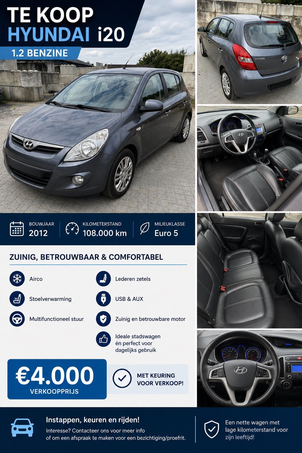HYUNDAI I20 | 2012 | CLIMATISATION | 108 000 KM |, Autos, Cuir, Achat, Boîte manuelle, Noir
