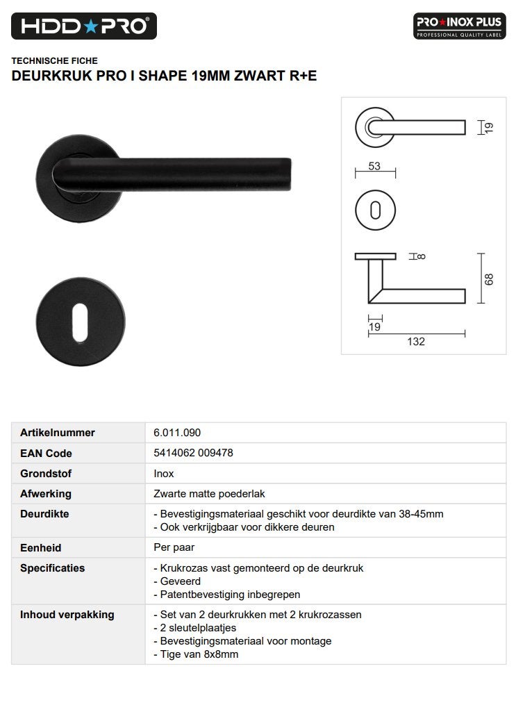 Deurkruk PRO I shape 19mm zwart R+E 2set - Eeklo, Doe-het-zelf en Bouw, Hang- en Sluitwerk, Ophalen of Verzenden, Nieuw, Klink of Kruk