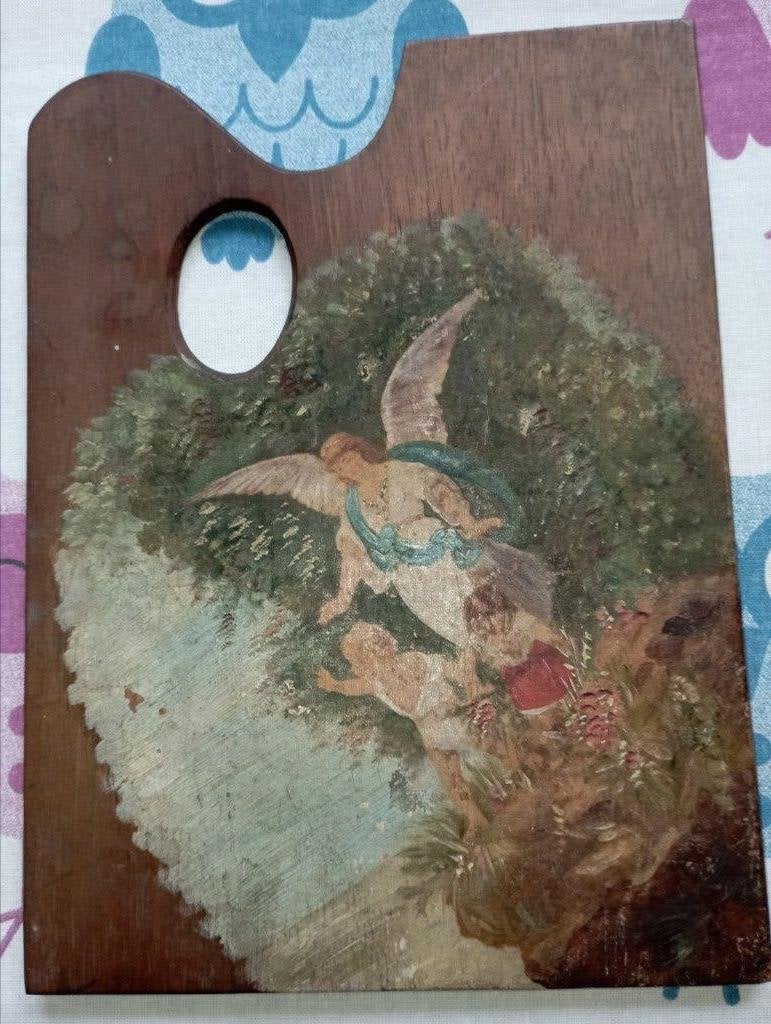 691) houten schilderspalet met geschilderd werk 21,5x16, Ophalen of Verzenden