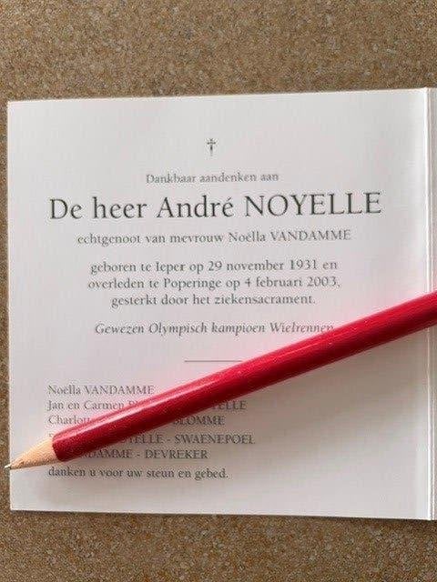 Beroepsrenner Olympisch Kampioen DHR André Noyelle Ieper, Verzamelen, Bidprentjes en Rouwkaarten, Ophalen of Verzenden