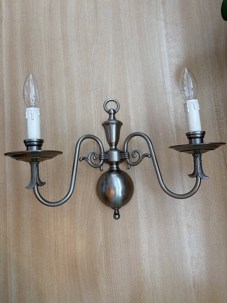 2 muurlampen Vlaamse stijl - antiekzilver - met lampen, Ophalen, Grijs, Zo goed als nieuw, Wandlamp