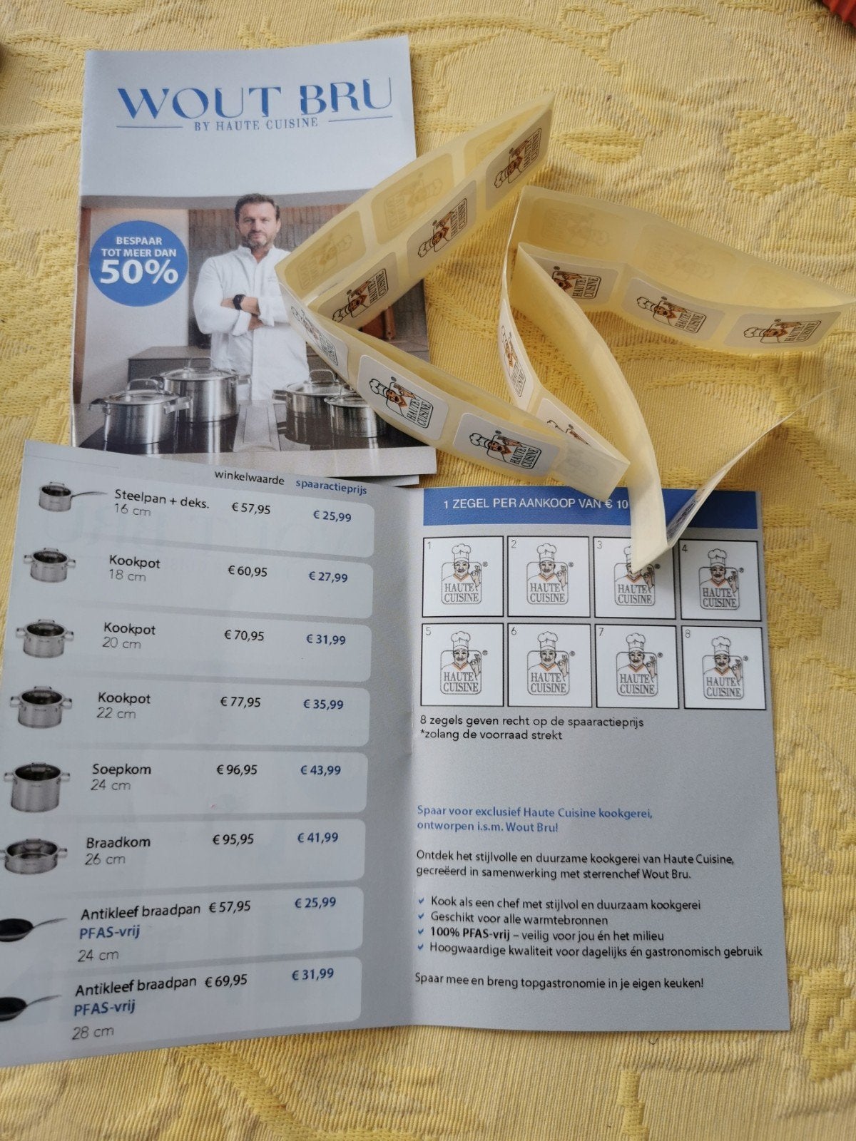 Wout Bru Haute Cuisine potten pannen delhaize zegels pr/st., Verzamelen, Supermarktacties, Ophalen of Verzenden