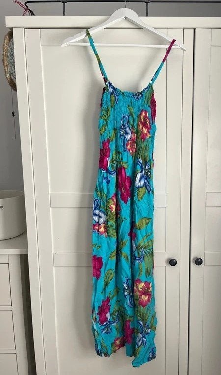 leuke zomerse turquoise blauw roze katoenen lange jurk, mt S, Blauw, Ophalen of Verzenden, Zo goed als nieuw, Maat 36 (S)