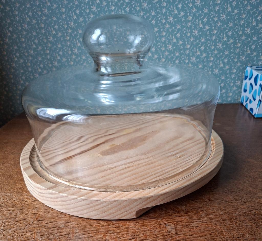 HOUTEN KAASPLANK MET GLAZEN BOL, Ophalen of Verzenden, Zo goed als nieuw