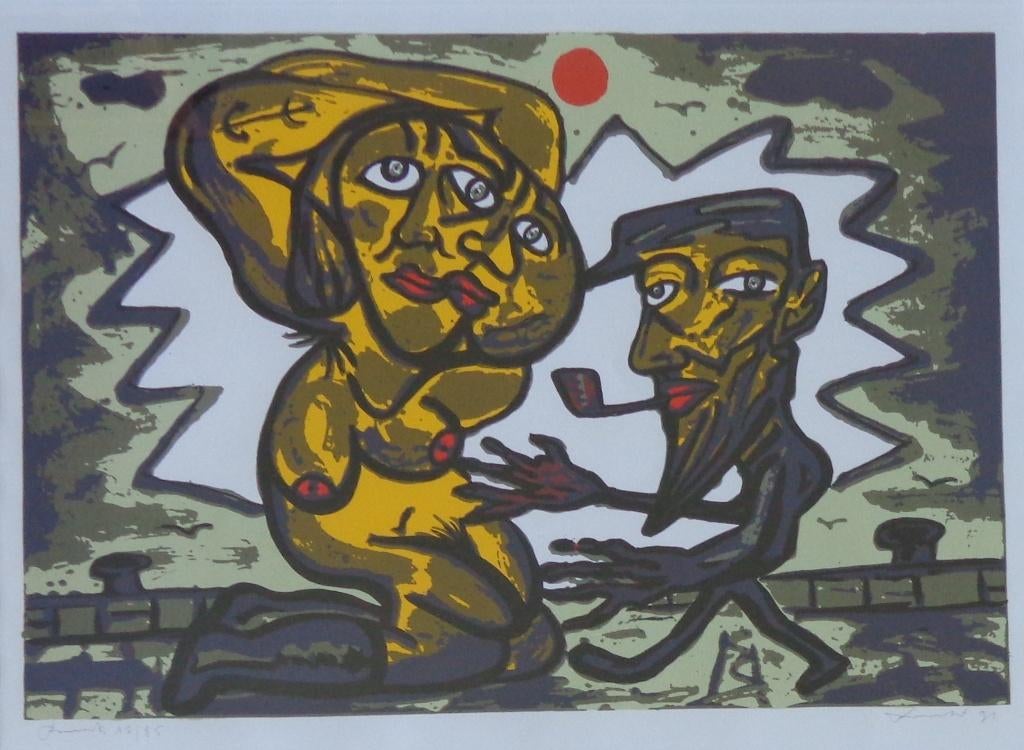 FRED BERVOETS / HIJ MET PIJP / KLEURZEEFDRUK / 79x97cm KADER, Antiquités & Art, Enlèvement