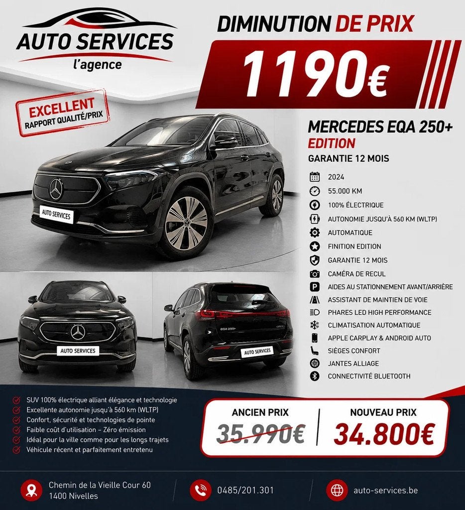 Mercedes-Benz EQA 250+ edition Garantie 12 mois, Cuir, Achat, Phares entièrement LED, Entreprise
