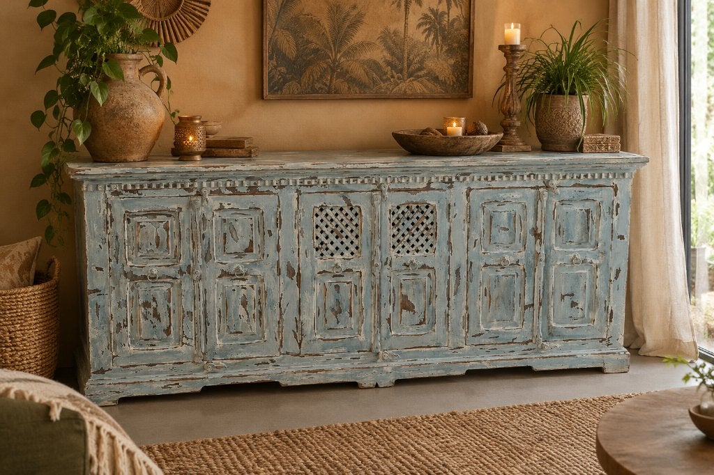 Buffet India Ibiza bleu patiné, Avec porte(s), 200 cm ou plus, Enlèvement ou Envoi, India ibiza spaans mediteraans shabby verweerd