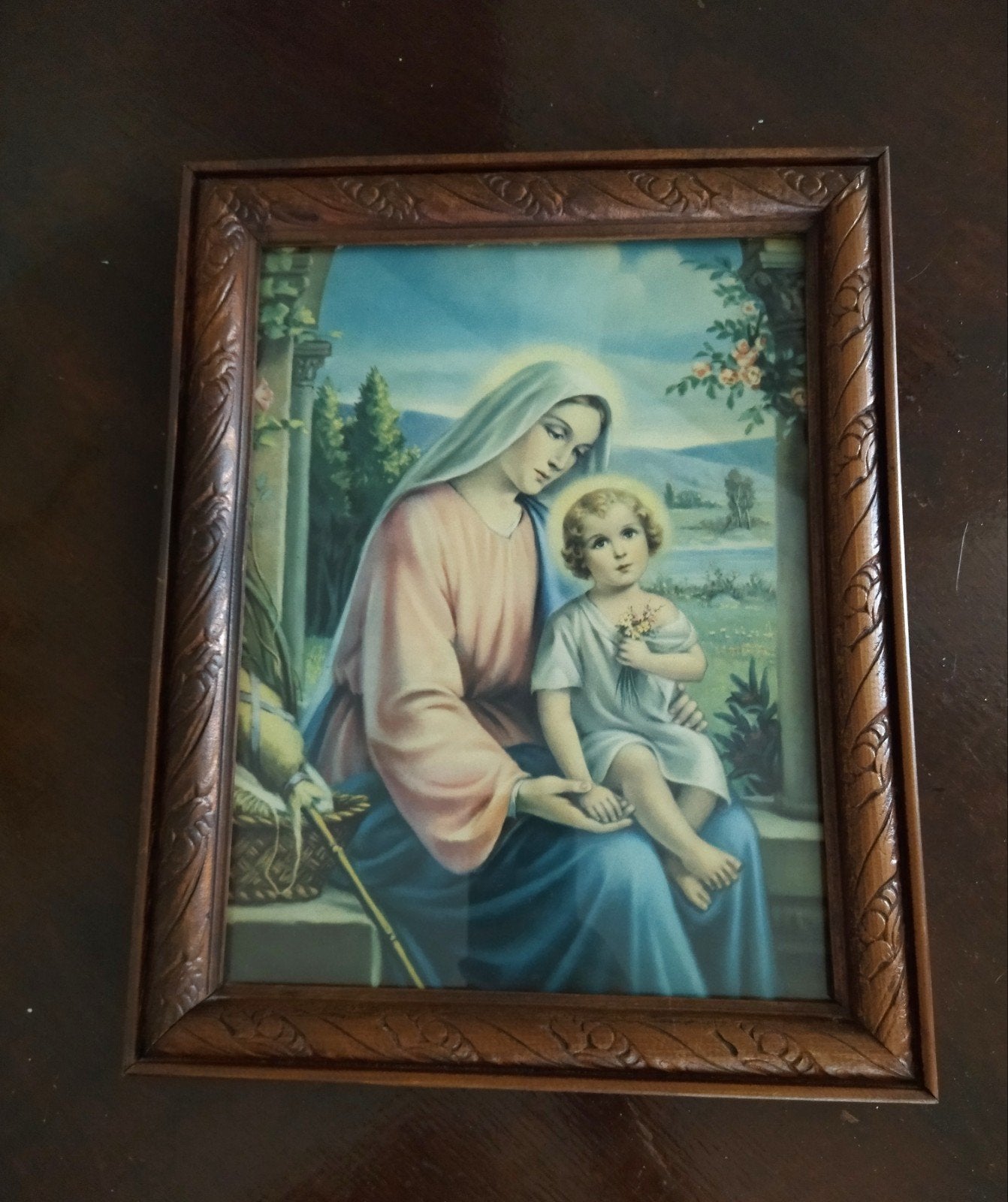 Cadre religieux vintage, vierge Marie et l'Enfant Jésus, Antiquités & Art, Enlèvement ou Envoi