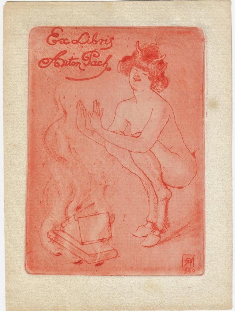 Armand Rassenfosse ets aquatint "Ex-libris Anton Pach", 1920, Antiek en Kunst, Ophalen, Mythologie, Ets, Met monogram