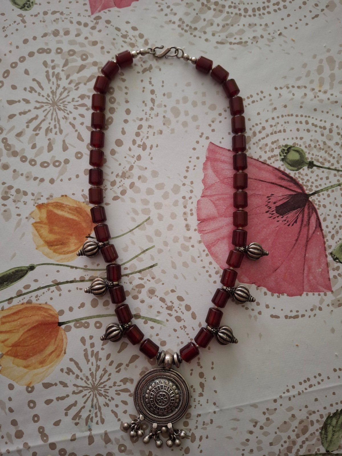 collier perles tubulaire bordeaux en argent 925, Enlèvement, Argent, Argent