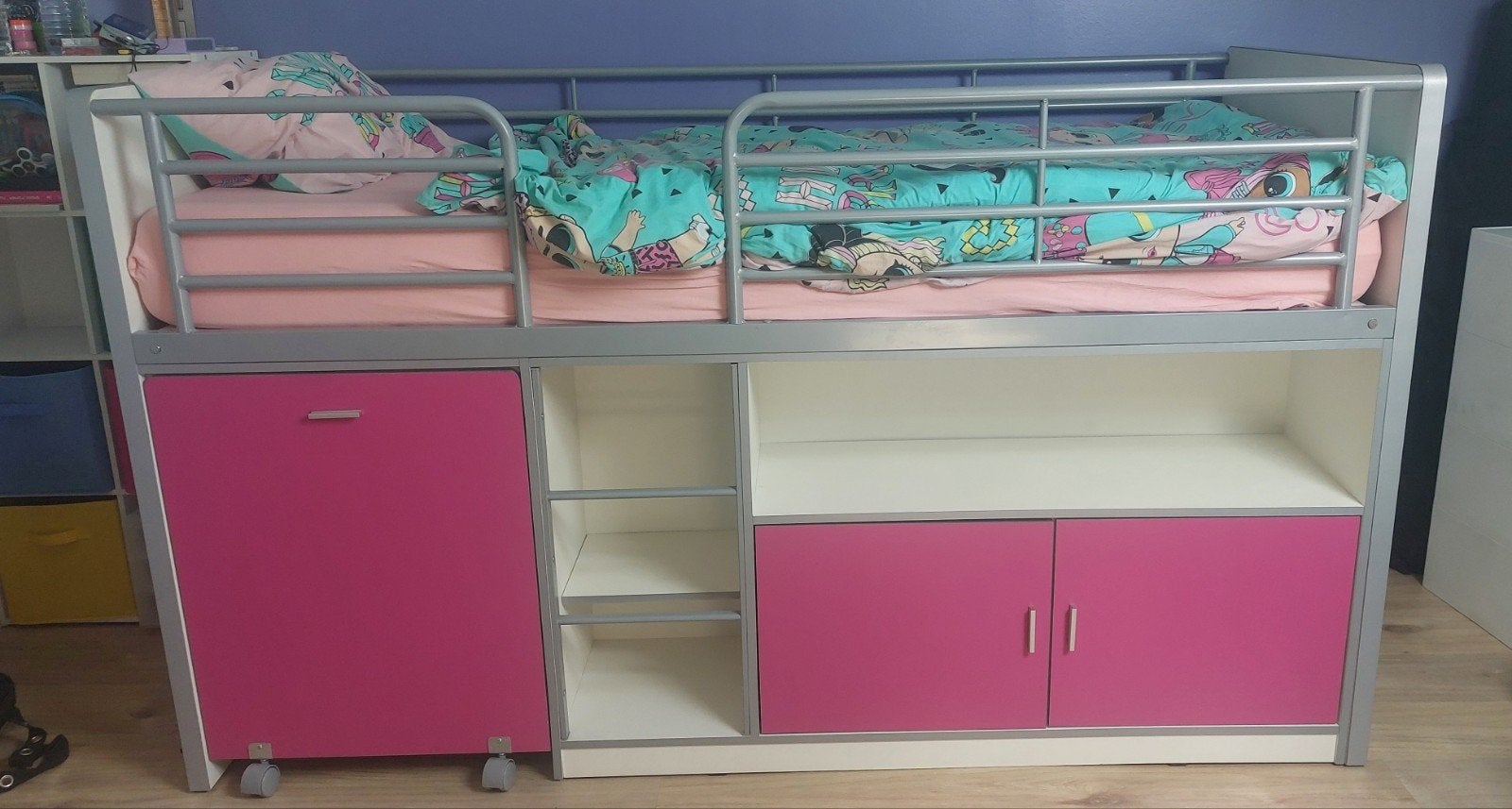 BONNY Lit mi-hauteur avec bureau et rangement 90x200 Fuchsia, Enlèvement, Utilisé, Lit mi-hauteur mezzanine