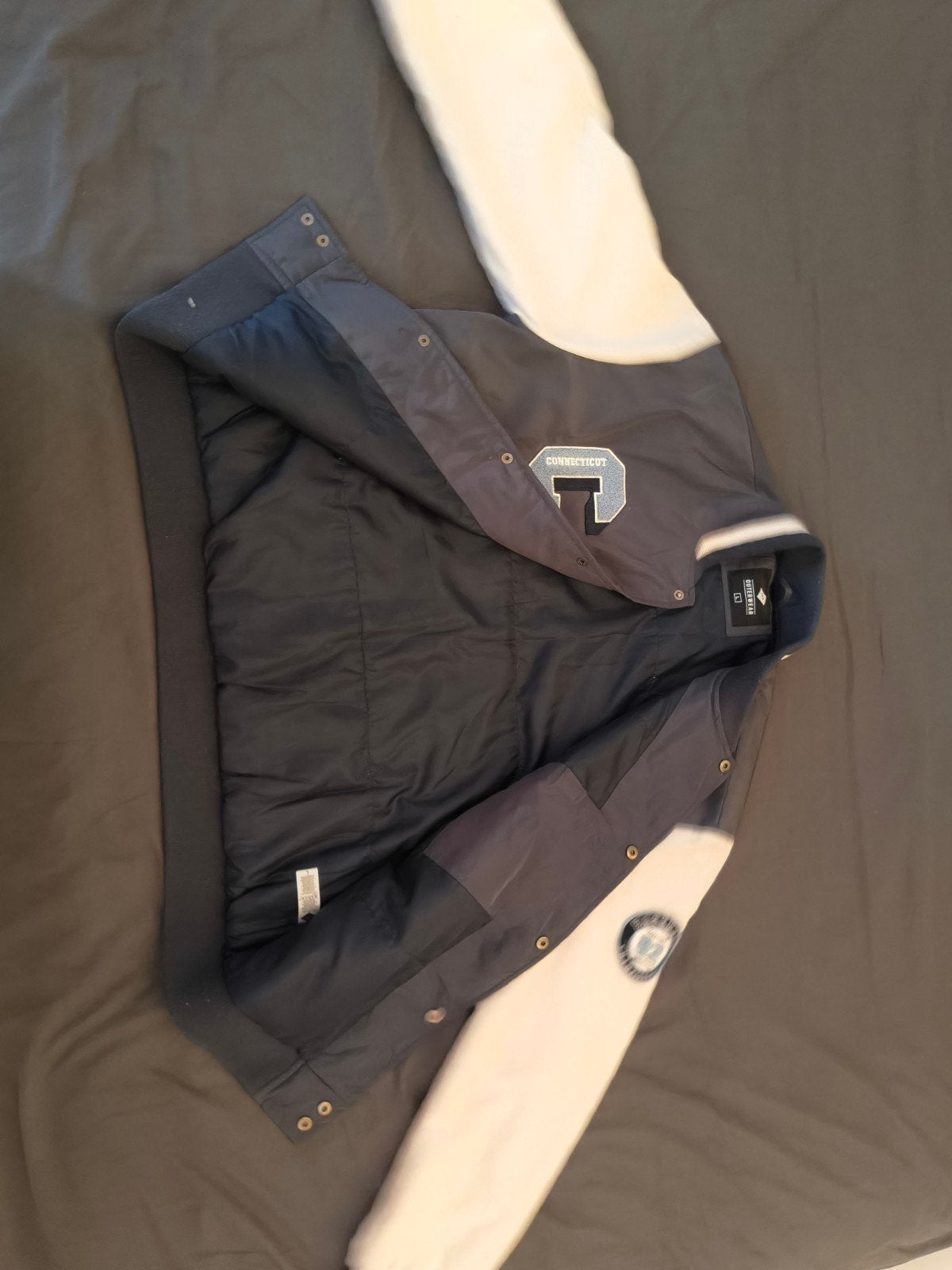 Jas (L) Varsity – donkerblauw/wit, Kleding | Heren, Jassen | Zomer, Ophalen, Maat 52/54 (L), Wit