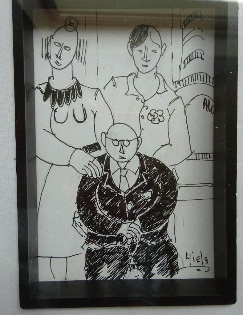 Ludo Giels, 2 originele tekeningen in een lijstje, Portrait ou Personnes, Enlèvement ou Envoi, Expressionniste, Dessin