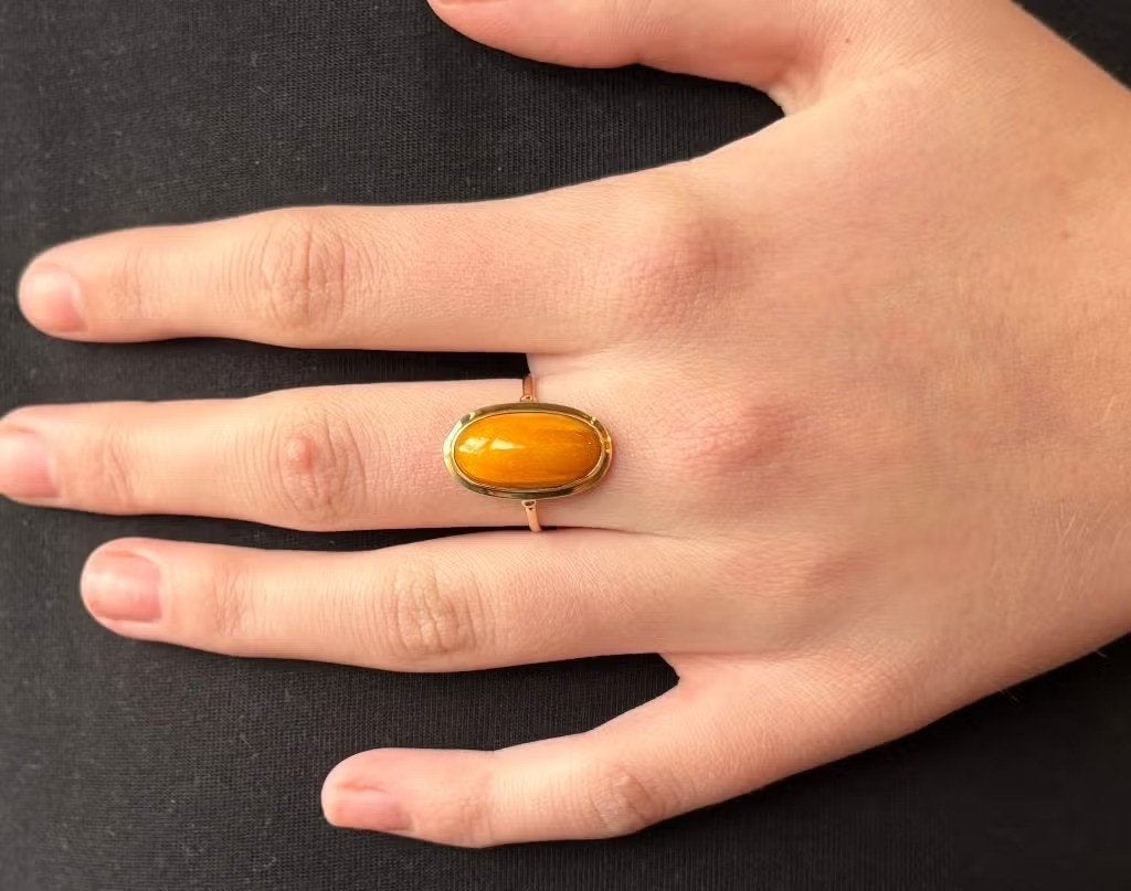 Amber 14k gouden vintage dames ring handgemaakt retro, Ophalen of Verzenden, Zo goed als nieuw, Dame of Heer, Met edelsteen