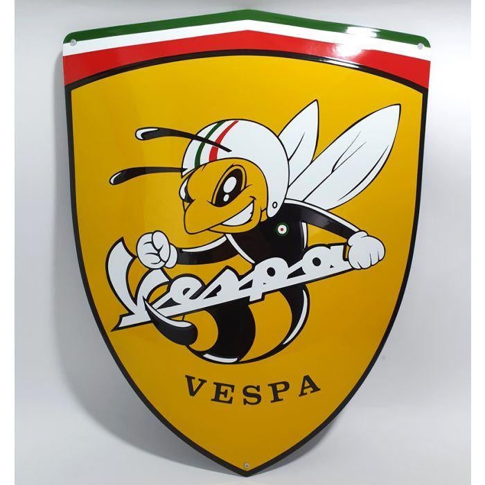 Vespa bij zwaar emaillen reclame decoratie bord ape vespucci, Ophalen of Verzenden, Zo goed als nieuw, Reclamebord