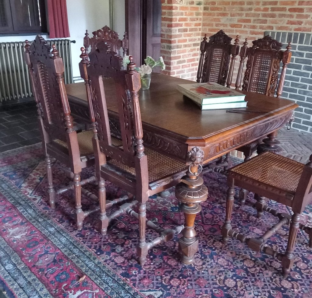 Verlengbare tafel en 6 stoelen, Antiek en Kunst, Ophalen