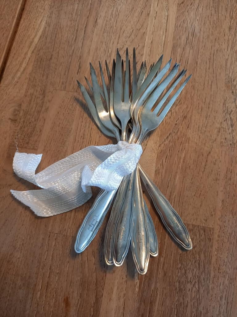 10 verzilverde WMF 1/0 gebaksvorkjes, Antiek en Kunst, Ophalen of Verzenden