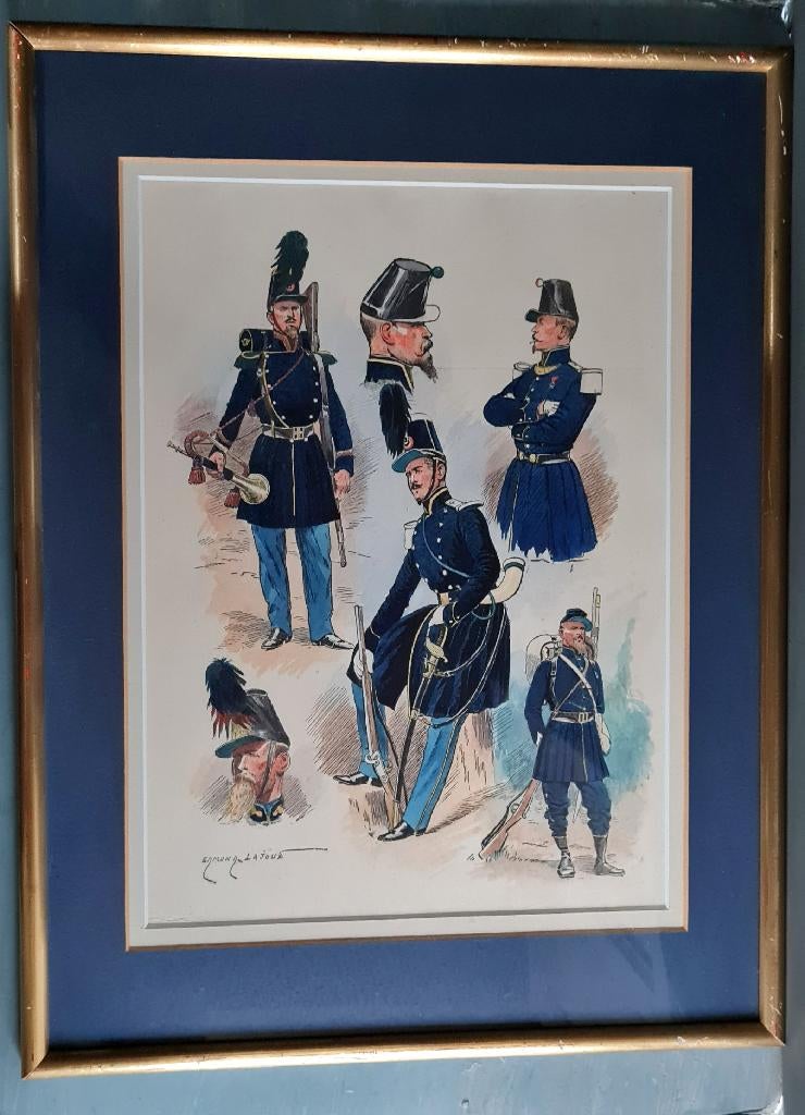 Edmond Lajoux litho costumes infanterie militaires, Ophalen of Verzenden, Landmacht, Kunstobject