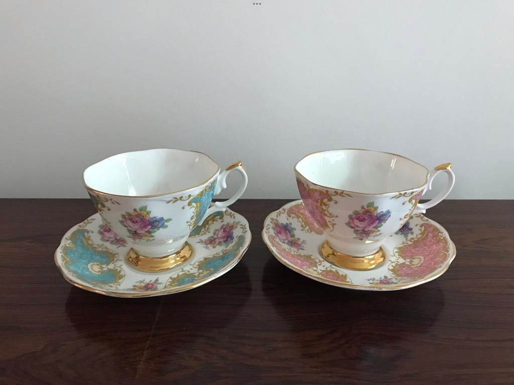 Imperial 2 x set kopje schoteltje turquoise roze met bloemen, Ophalen of Verzenden