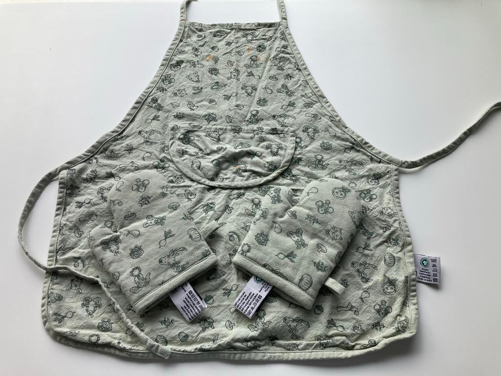 Set Keukenschortje en 2 oven wanten, Ophalen of Verzenden, Gebruikt, Overige materialen, Speelkeuken-accessoire