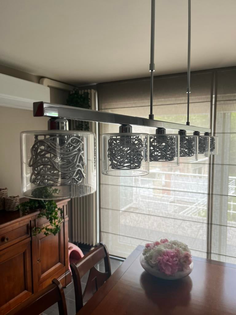Mooie moderne luster met 6 led lampen dimbaar, Ophalen, Zo goed als nieuw, Glas