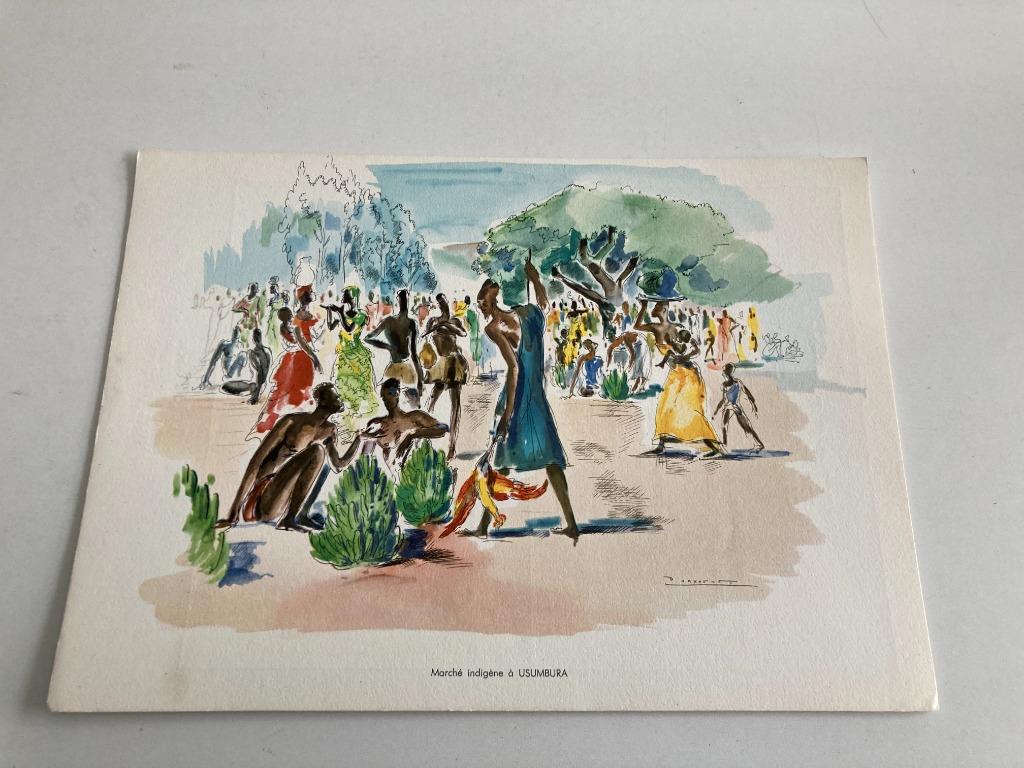 Paul Daxhelet : Estampe africaine Usumbura Marché RIT Genval, Collections, Photos & Gravures, Comme neuf, Gravure, Étranger, 1940 à 1960