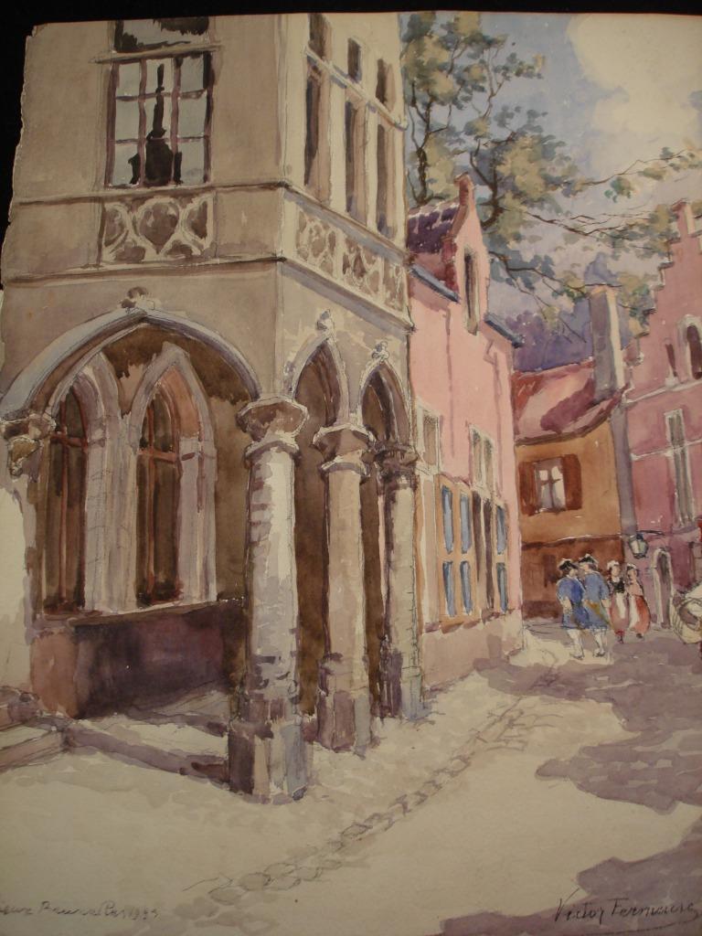 Victor FERMEUSE 1935 'Vieux Bruxelles' gesigneerde gouache, Ophalen of Verzenden