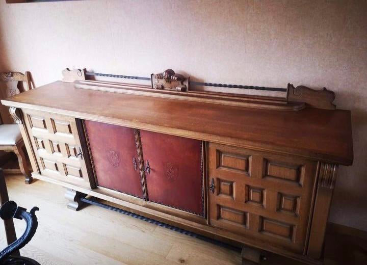 Eetkamerset van massief hout, smeedijzer en leer, Huis en Inrichting, Ophalen, Zo goed als nieuw