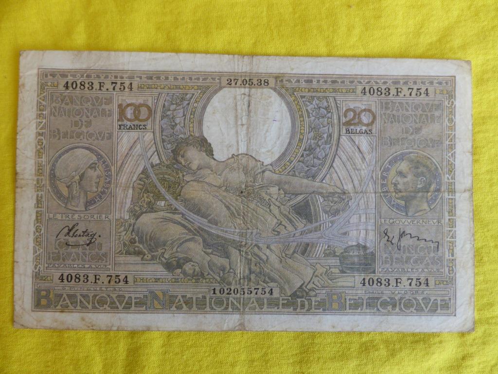 Bankbiljet uit 1938 - 100 Francs/20 Belgas, Postzegels en Munten, Bankbiljetten | België, Ophalen of Verzenden, Los biljet