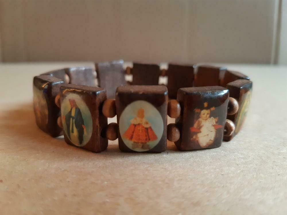 Armbandje - hout - heilige afbeeldingen, Ophalen of Verzenden, Zo goed als nieuw, Bruin, Hout