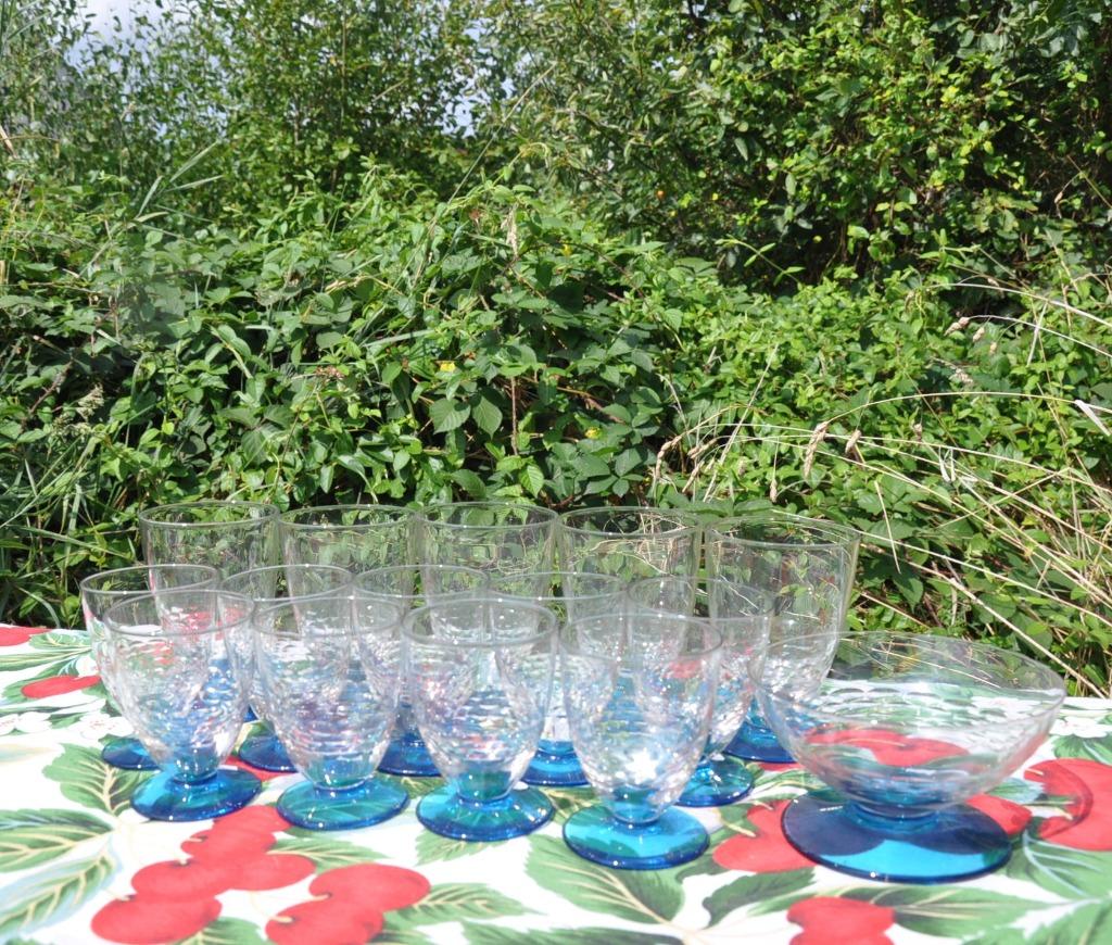 partie de service de verre avec pied rond bleu, Ophalen of Verzenden
