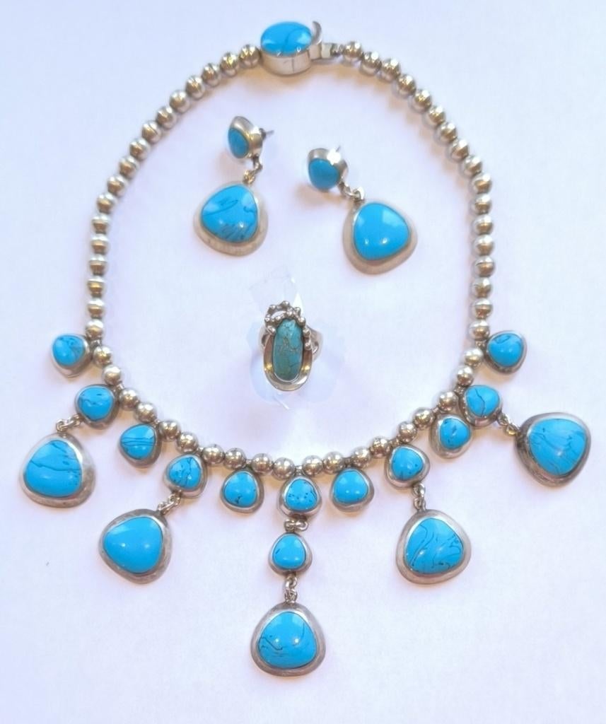 Parure argent + turquoise — Artisanat Taxco (Mexique), Enlèvement, Argent, Autres types
