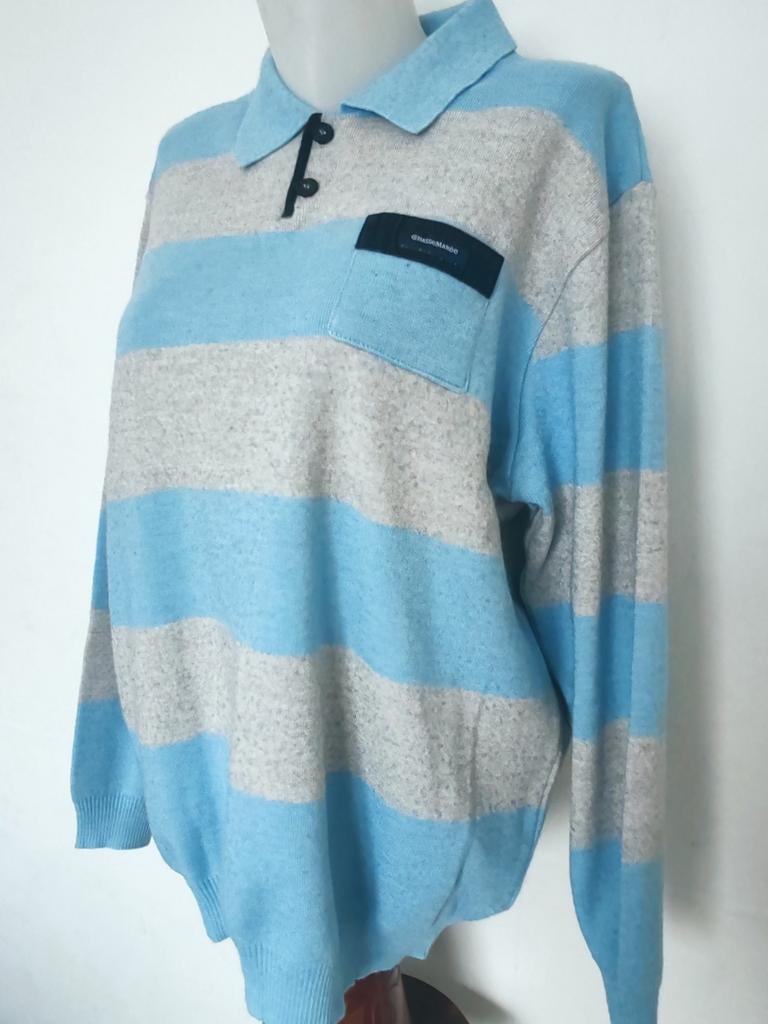 Pull homme à rayures bleu clair et gris col polo boutonné Ta, Enlèvement ou Envoi, Comme neuf, Bleu