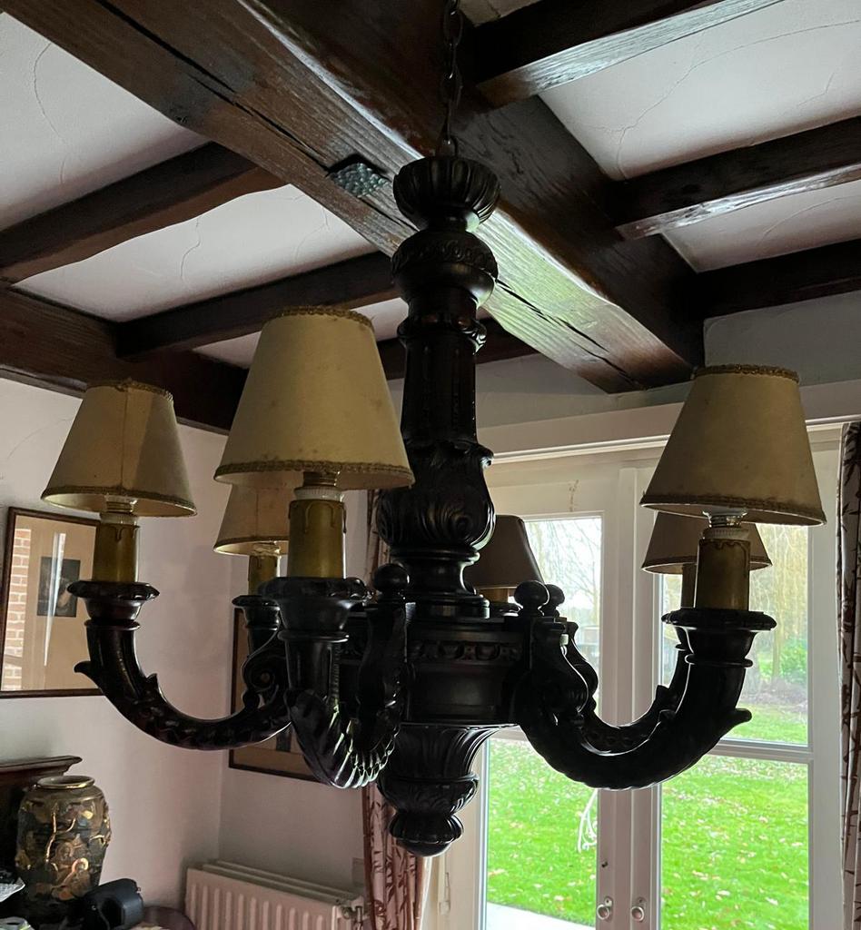Prachtige antieke houten kroonluchter luster kaarsen vintage, Huis en Inrichting, Lampen | Kroonluchters, Ophalen, Gebruikt