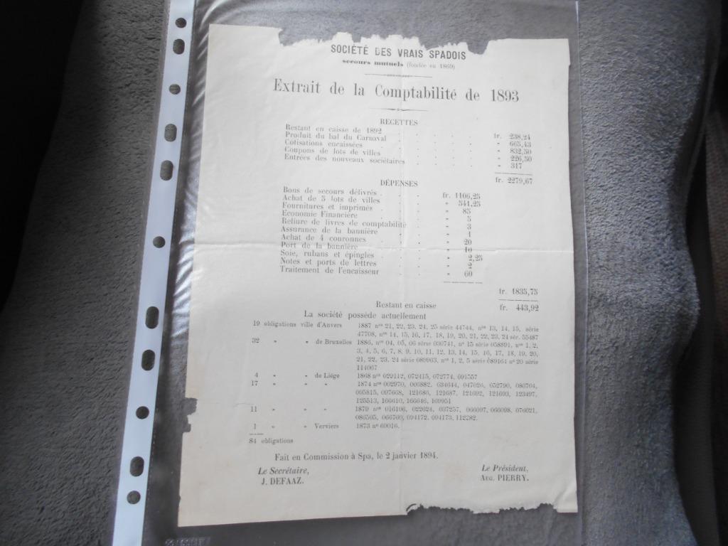 Spa 1893 Extrait de la comptabilité " Sté des vrais spadois, Enlèvement ou Envoi