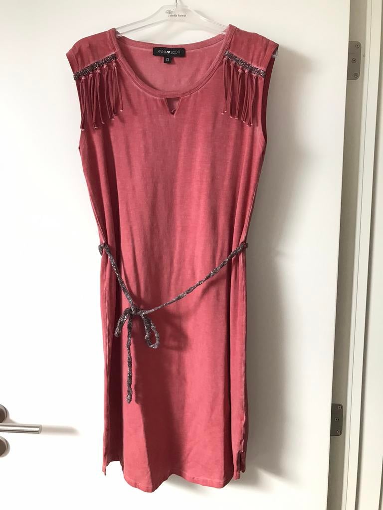 Anna Scott rode jurk met franjes en riem, maat M, Anna Scott, Gedragen, Maat 38/40 (M), Rood