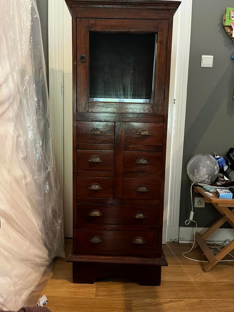 Houten vitrinekast met 8 schuiven, Antiek en Kunst, Ophalen
