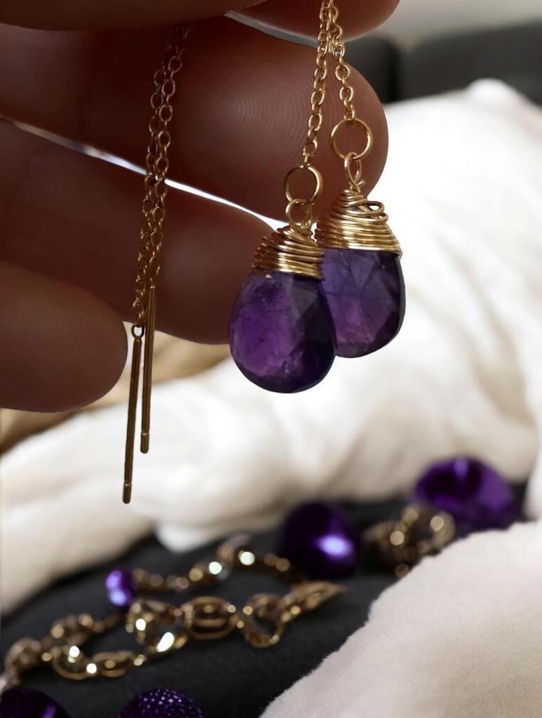 Oorbellen Afrikaanse Amethist verguld 18k, Met kristal, Overige materialen, Hangers, Paars