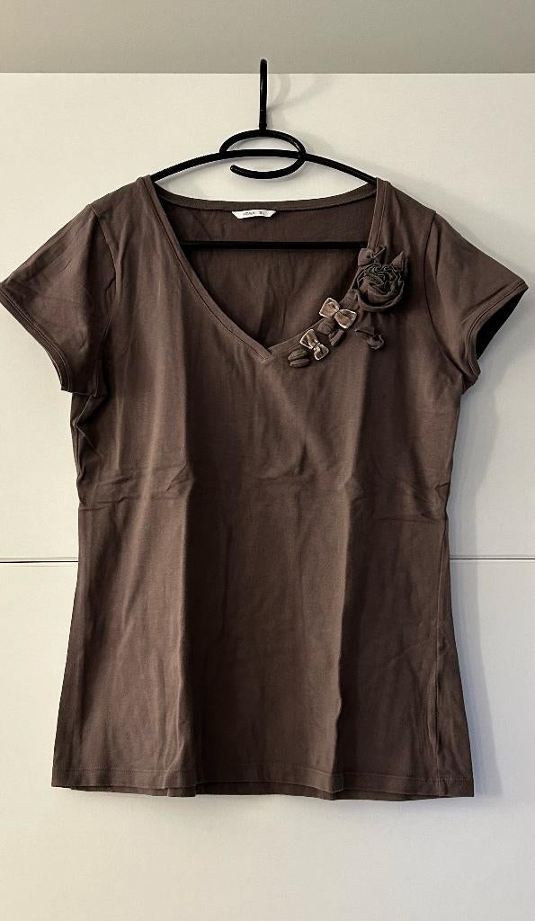 Hema bruine T-shirt met versiering, Kleding | Dames, Bruin, Maat 46/48 (XL) of groter, Ophalen of Verzenden, Korte mouw