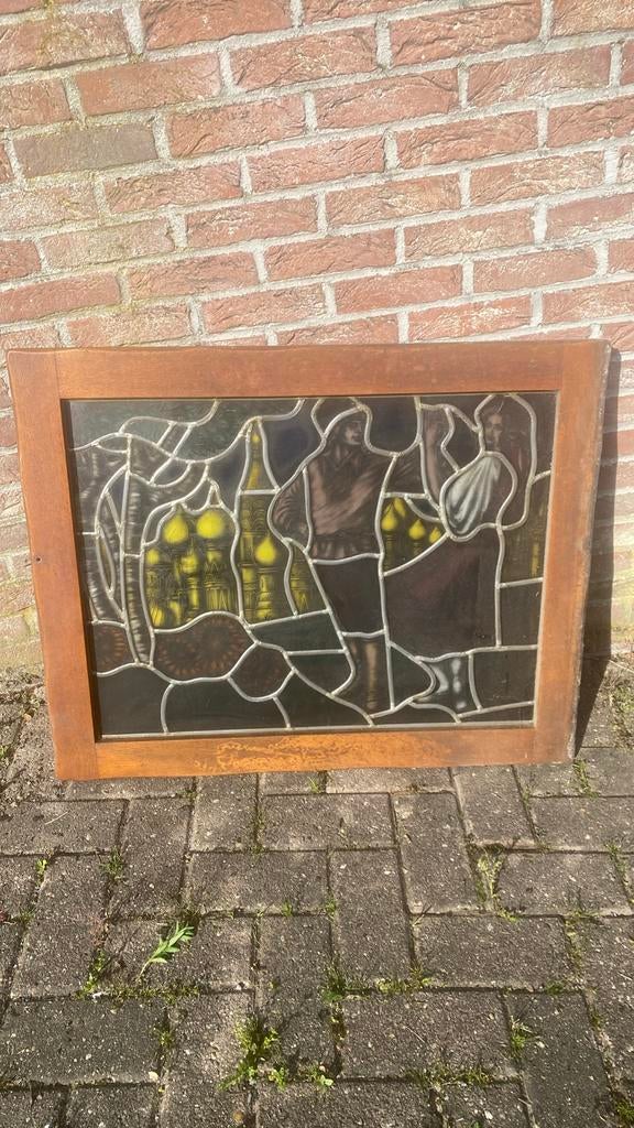 Loodglas in houten kader, Antiek en Kunst, Antiek | Glaswerk en Kristal, Ophalen