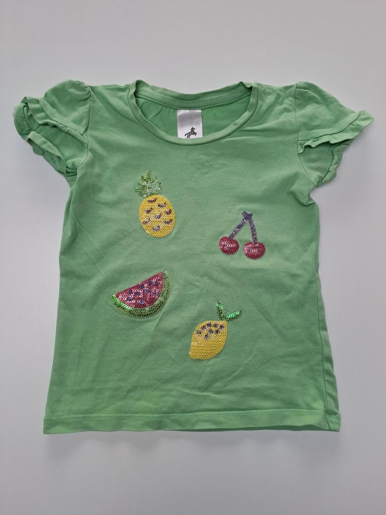 Mt 92 Groene T-shirt met korte mouwen en pailletten fruit, Kinderen en Baby's, Kinderkleding | Maat 92, Meisje, Ophalen of Verzenden
