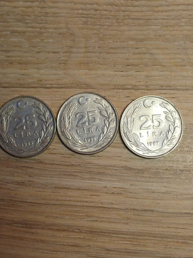 Lot 3 Pièces 25 Lira Turquie (1985, 1986, 1987, Envoi, Autres pays, Série