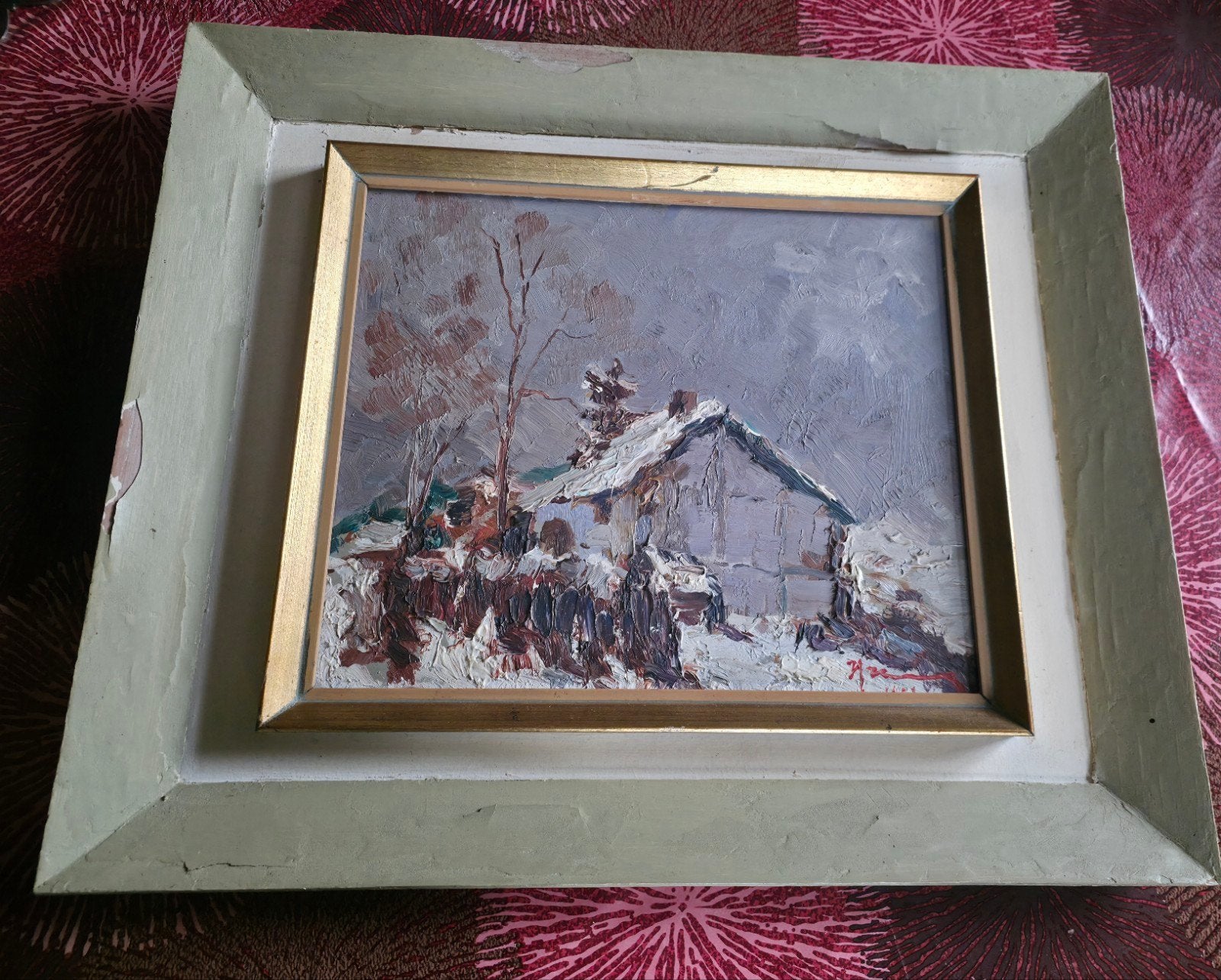 Schilderij Winterlandschap met een afbeelding van een huis o, Antiek en Kunst, Ophalen of Verzenden, Landschap