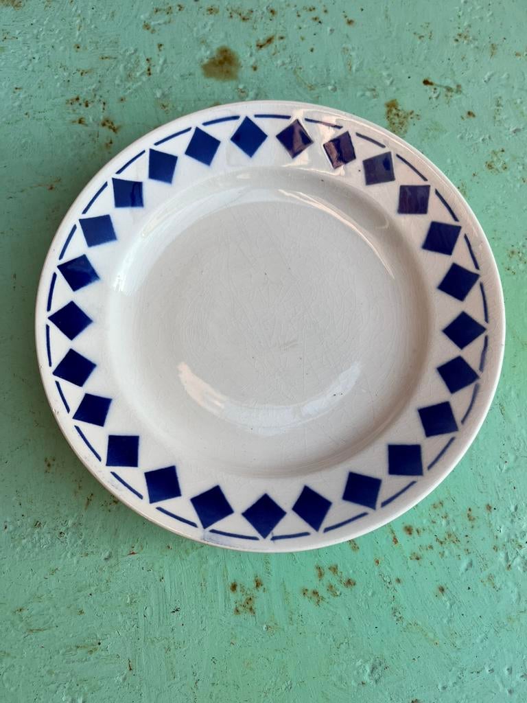 5 Franse vintage dessertbordjes Saint Amand Yo - blauwe ruit, Antiek en Kunst, Ophalen of Verzenden