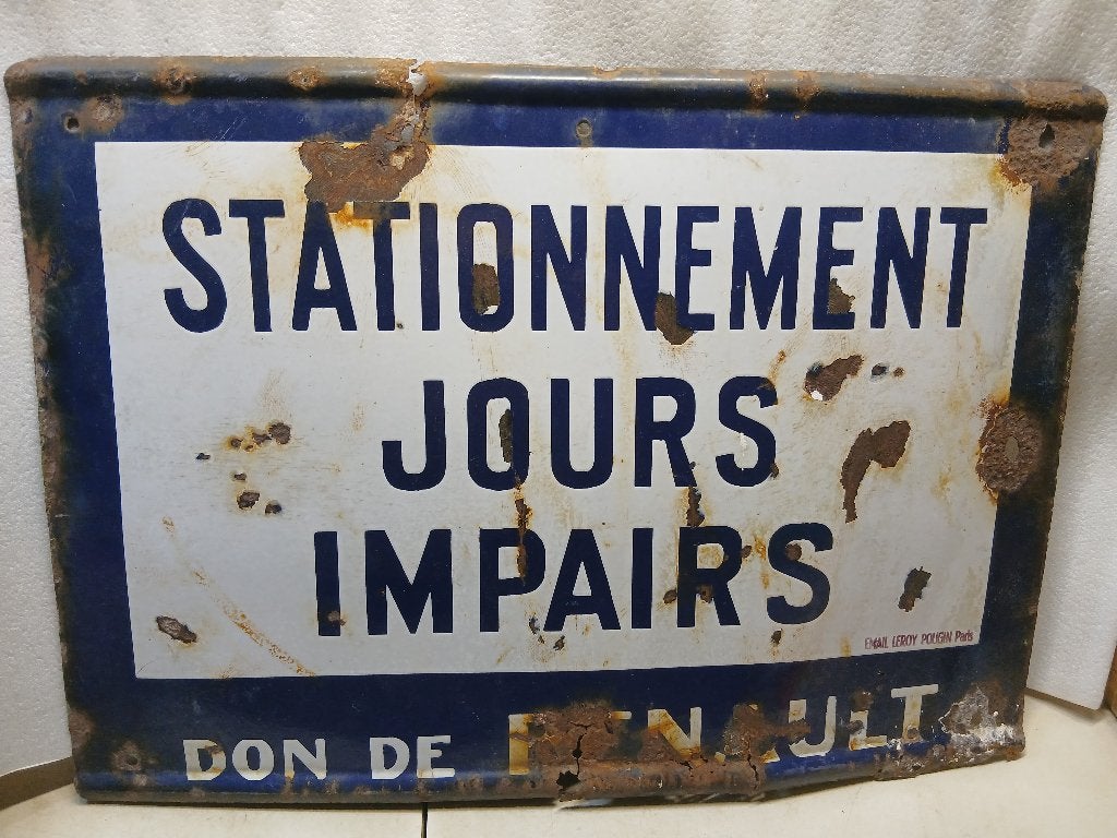 Plaque émaillée stationnement jours impair, Collections, Enlèvement ou Envoi, Utilisé, Panneau publicitaire