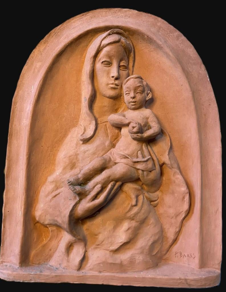 Prachtig Terracotta Reliëf "Madonna met Kind" Paul Barès, Art deco, Décoration murale, Fait main, Religion