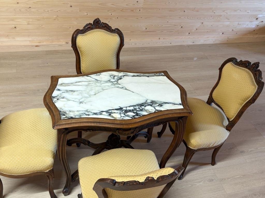 Louis XV salonset met marmeren tafel en 4 stoeltjes, Antiek en Kunst, Ophalen
